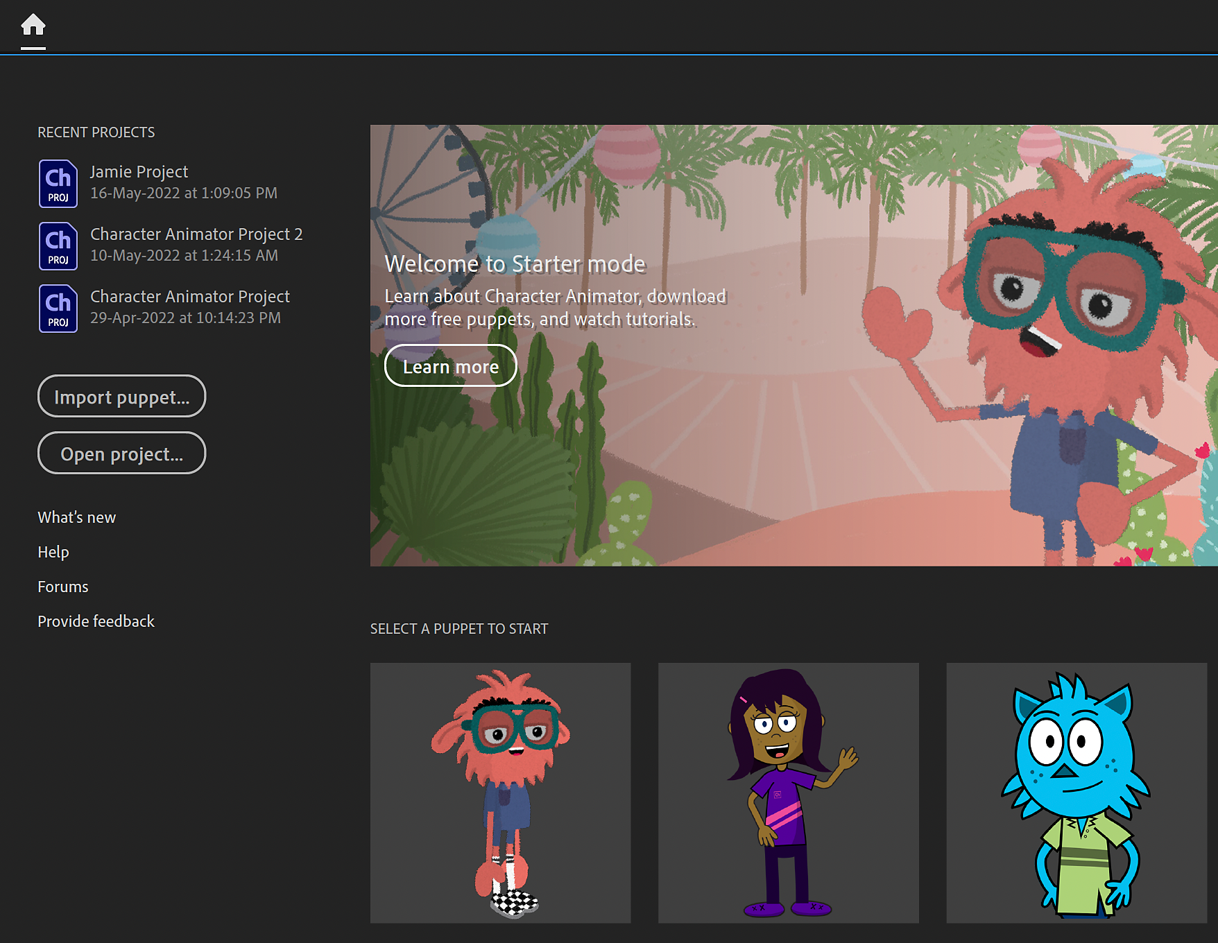 Adobe Character Animator Starter home screen showing an illustrated pink puppet, recent projects and three sample puppet choices