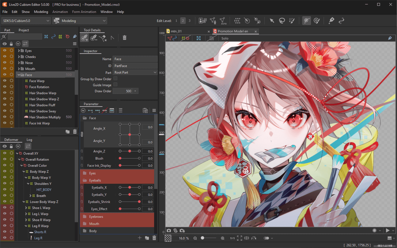 Live2D Cubism Editor 5.0.00 dark interface with a red-eyed illustrated character and visible parts, deformer and face-angle parameter panels