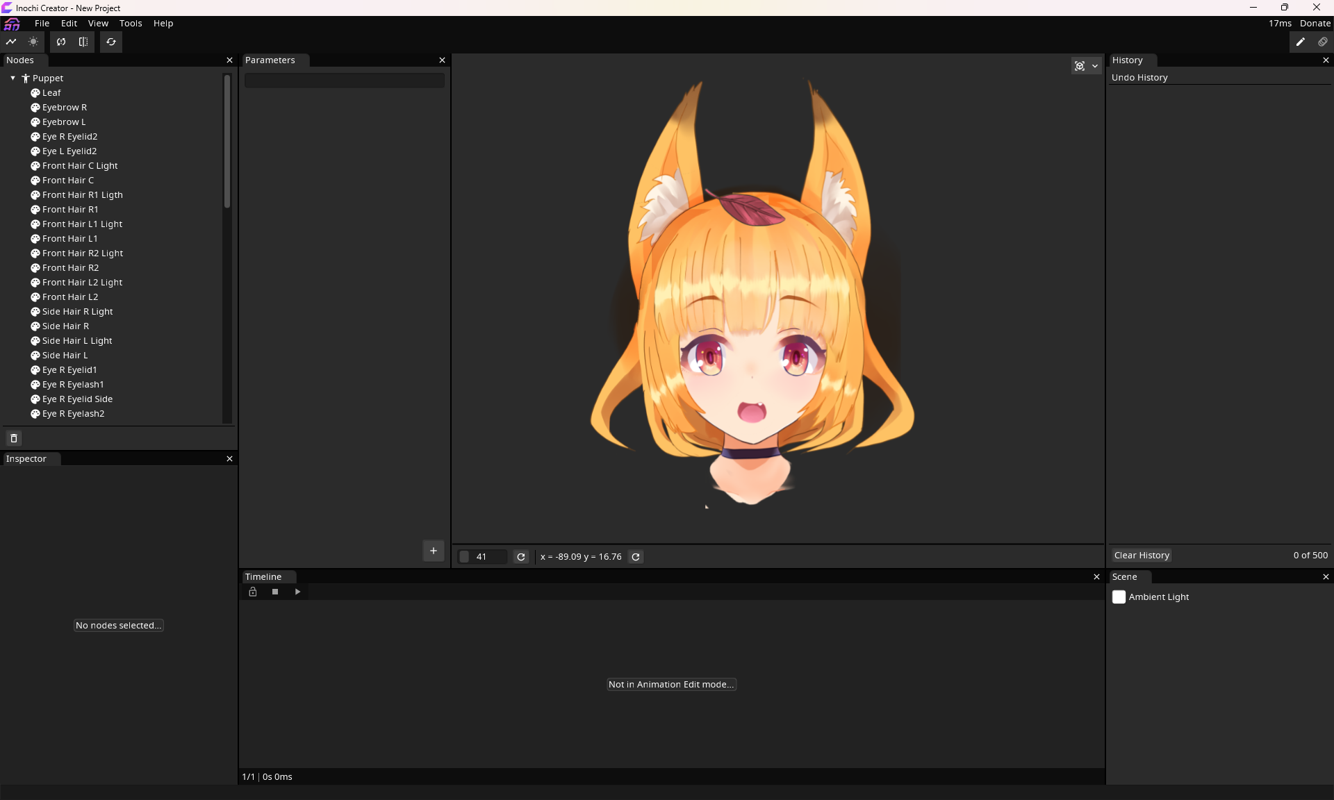 Inochi Creator tutorial screen with the fox-eared Aka model, a layered node tree and parameter and timeline panels