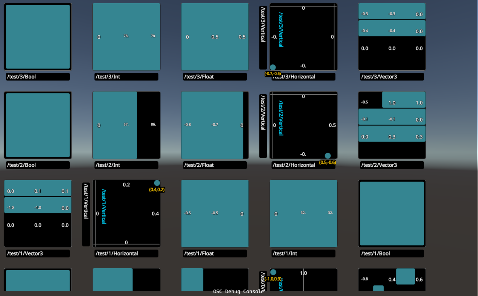 VRChat OSC Debug Console with a grid of teal and black value panels labeled by test addresses