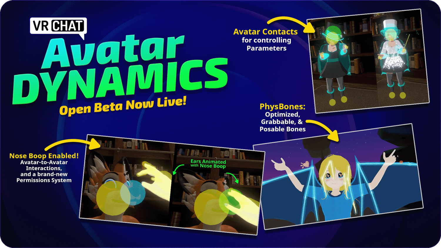 VRChat Avatar Dynamics beta montage showing a headpat, highlighted contact points and an avatar with poseable wings