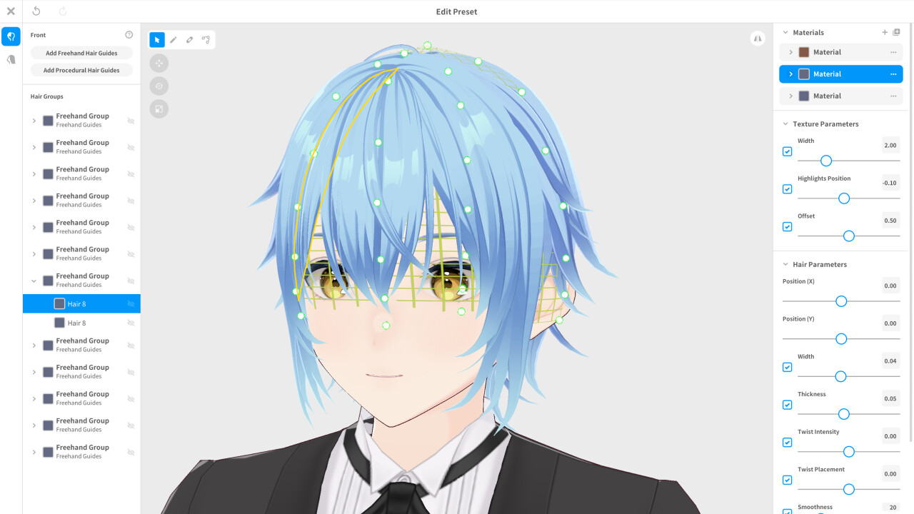 VRoid Studio hair editing screen with a blue-haired character, green guide points, a hair group list and material sliders