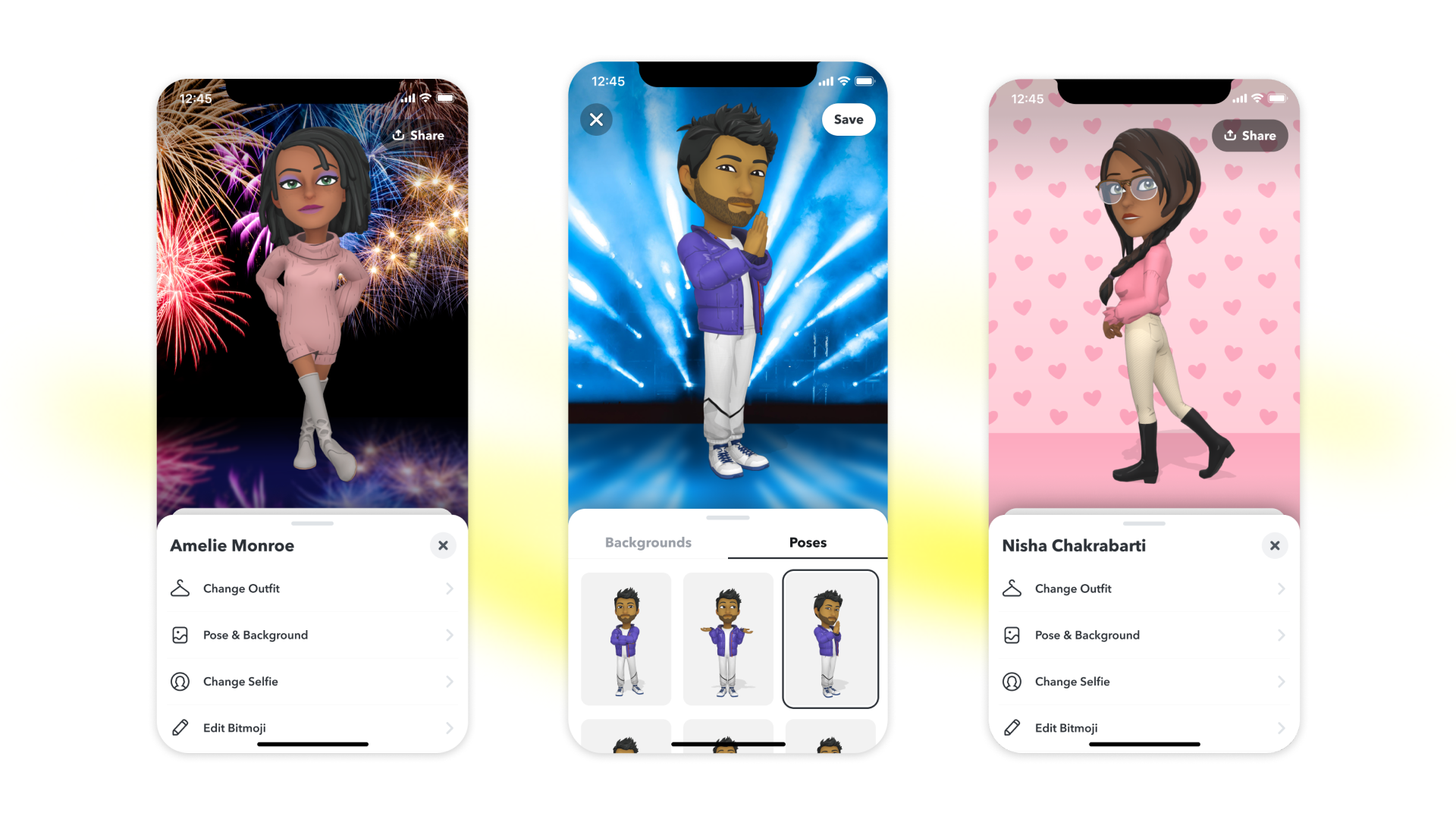 Snapchat profile screen showing a posed three-dimensional Bitmoji
