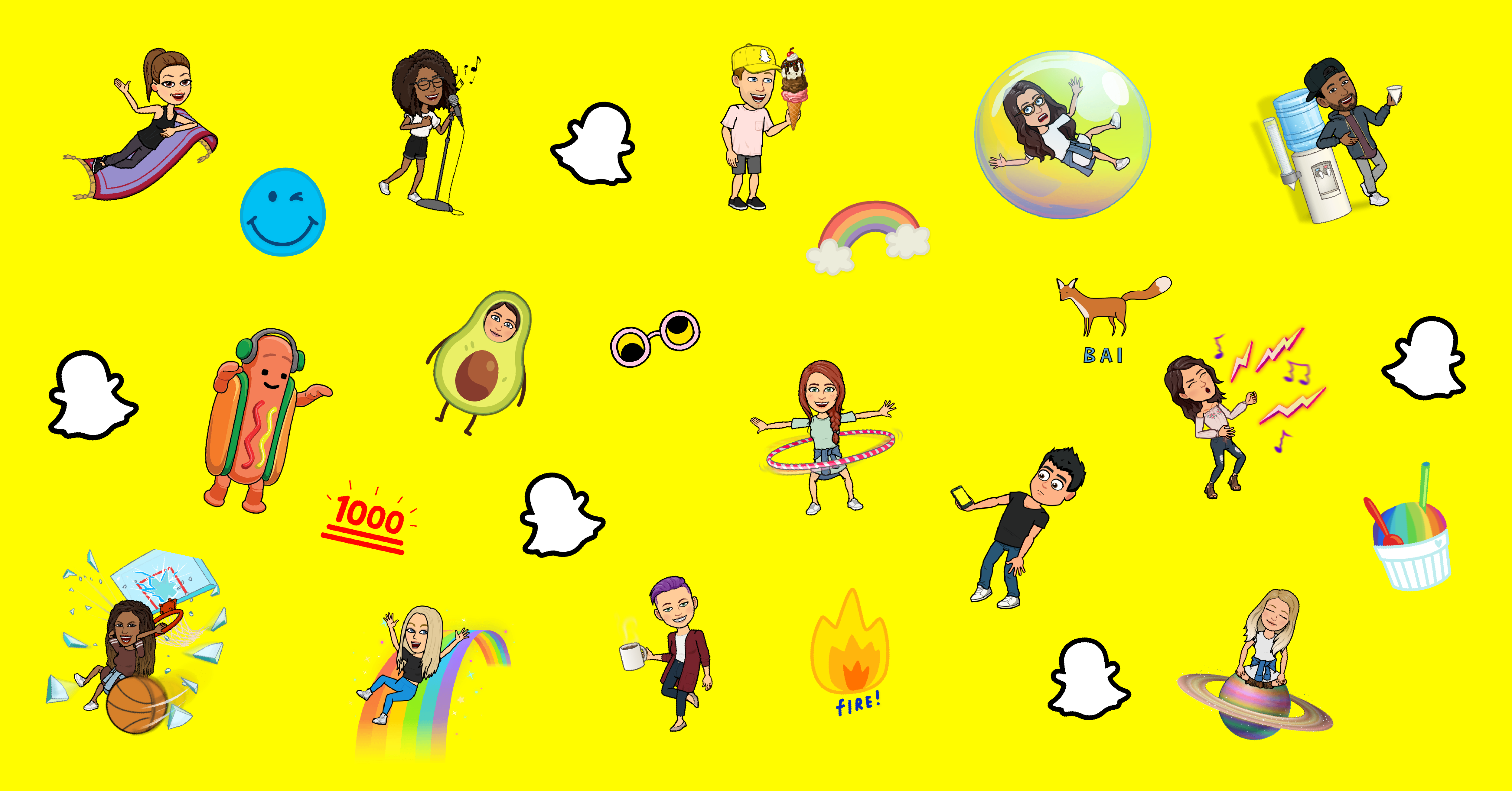 Bitmoji characters performing activities on a yellow Snapchat background
