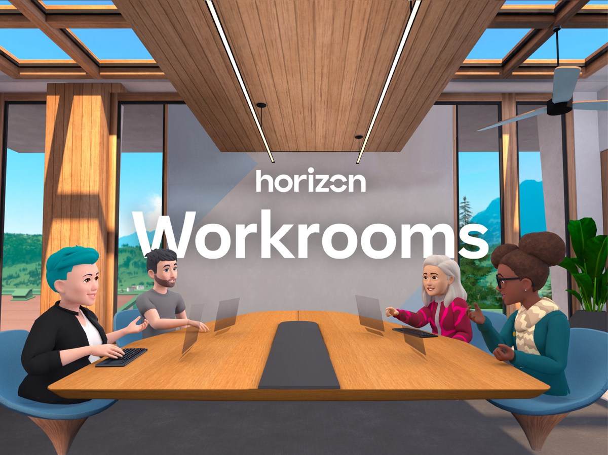 Four stylized avatars seated around a virtual Workrooms table