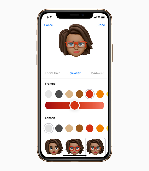 iPhone Memoji editor showing a human cartoon and eyewear controls