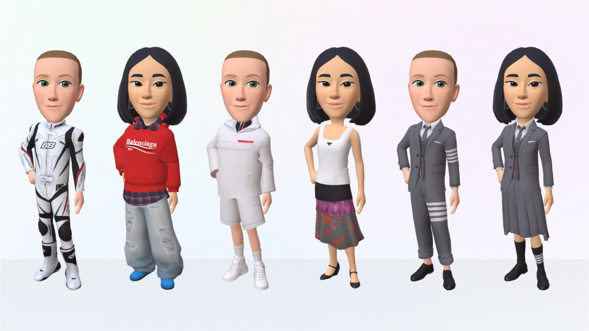 Six Meta avatars wearing different designer outfits
