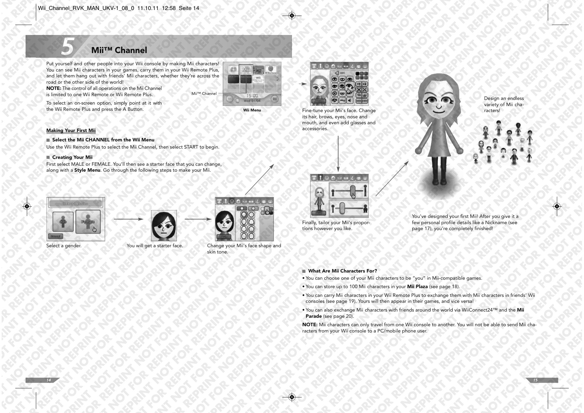 Nintendo Wii manual page showing Mii creation and a completed character
