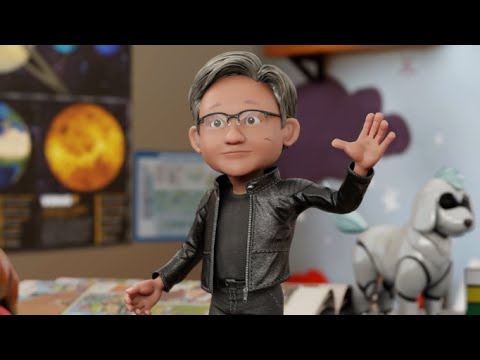 Stylized Toy Jensen avatar waving in an NVIDIA demonstration