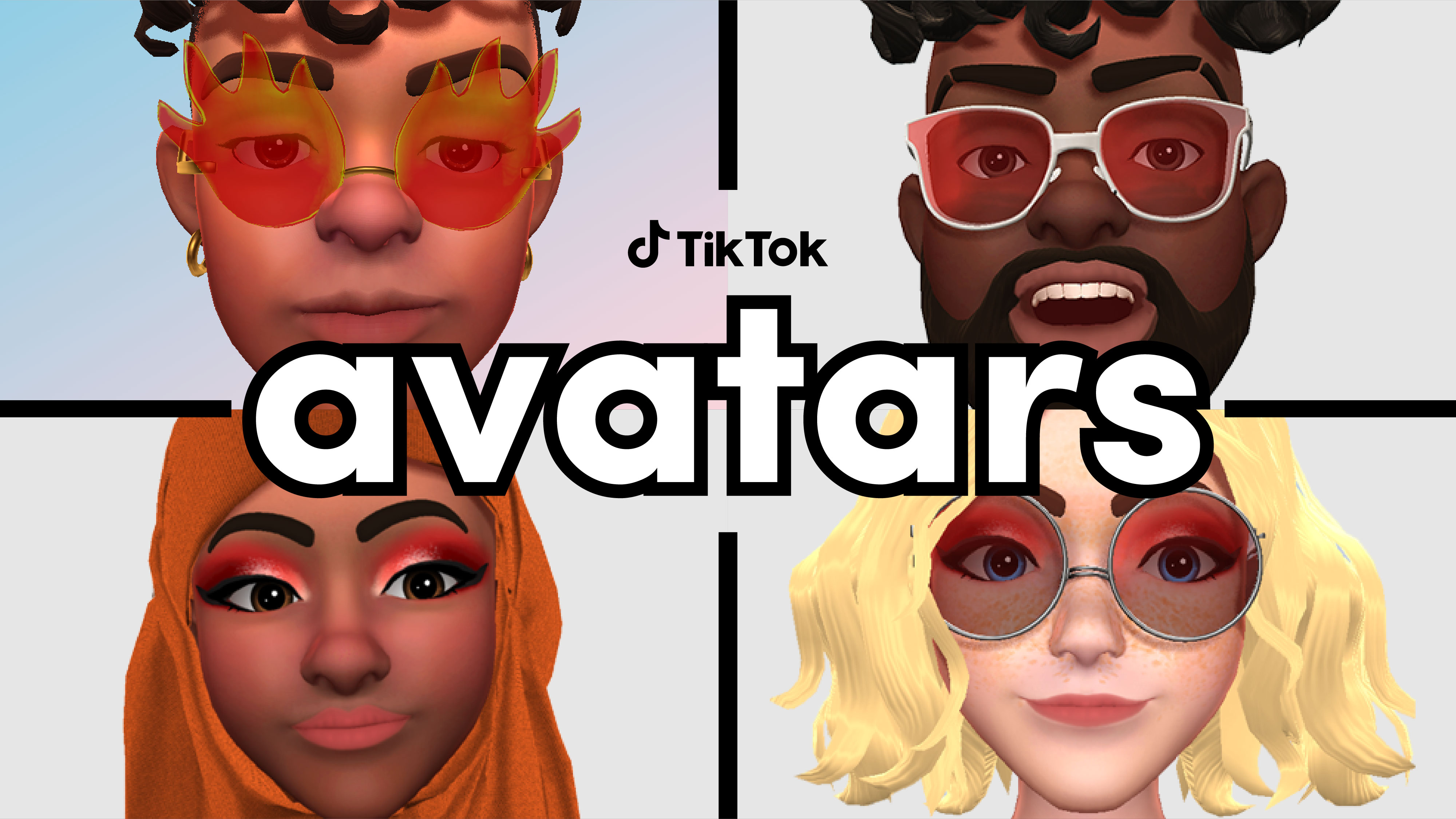 Four customized TikTok avatar faces around the word avatars