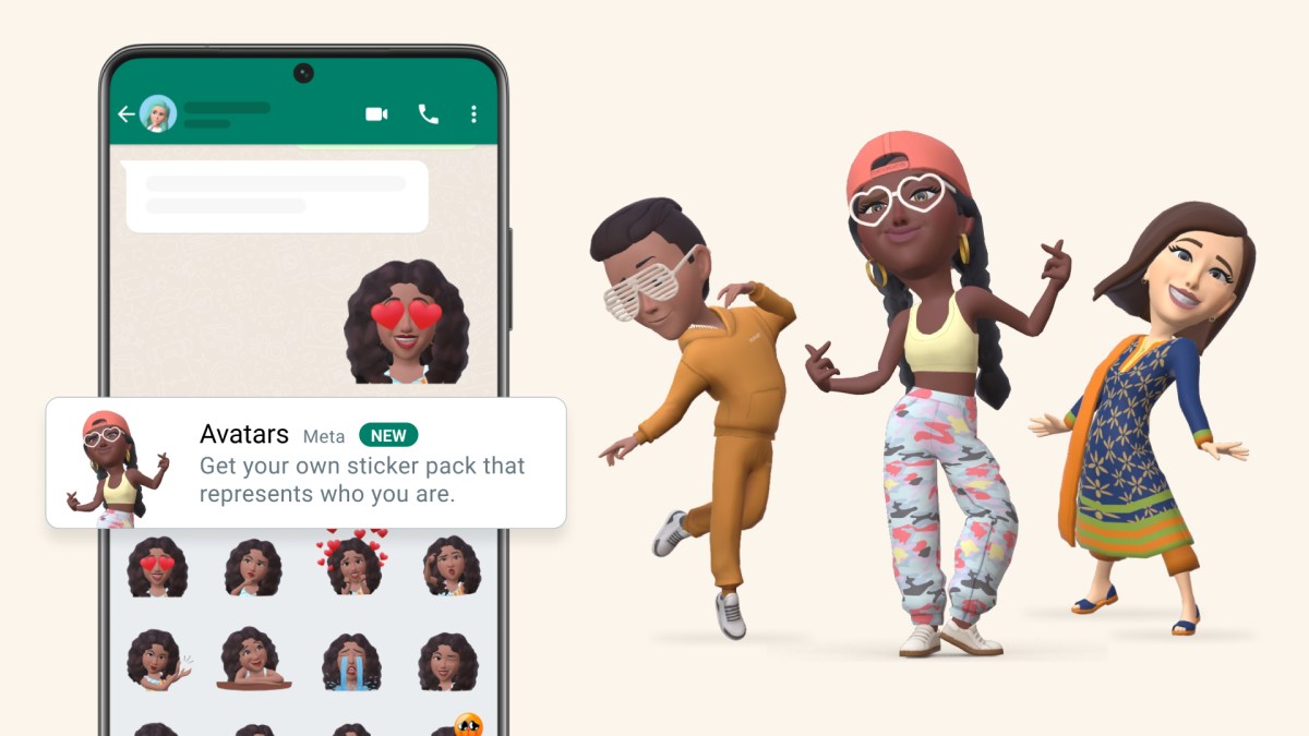 WhatsApp screen with avatar stickers beside four customized characters