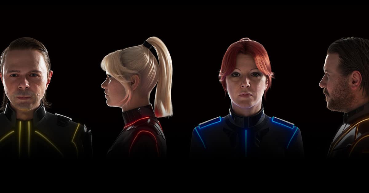Four digitally rendered ABBA performers lit against a black background