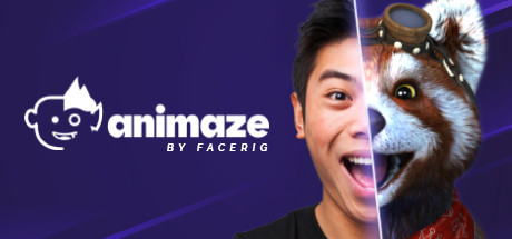 Animaze Steam artwork splitting a smiling human face with a tracked cartoon red panda