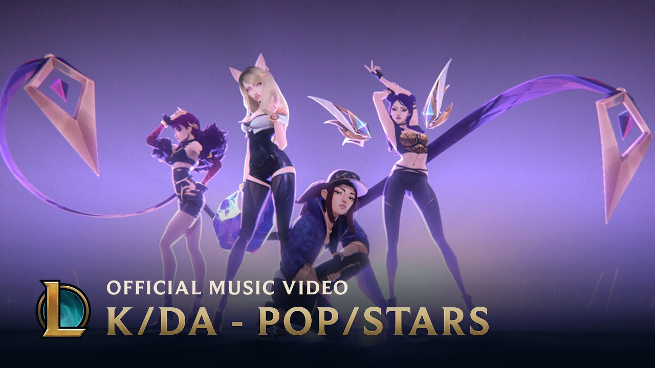 Four animated K/DA performers posed against a purple stage in the POP/STARS video thumbnail