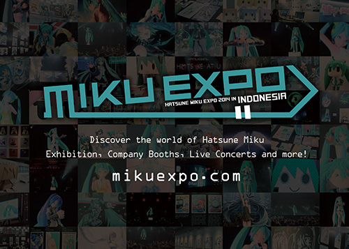 MIKU EXPO in Indonesia poster over a collage of Hatsune Miku art and fan scenes