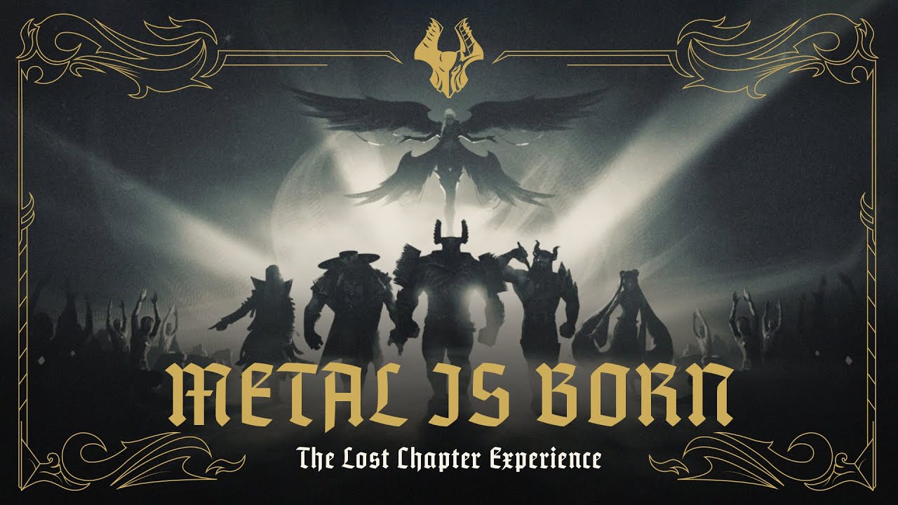 Silhouetted Pentakill performers on a monumental stage beneath the words Metal Is Born