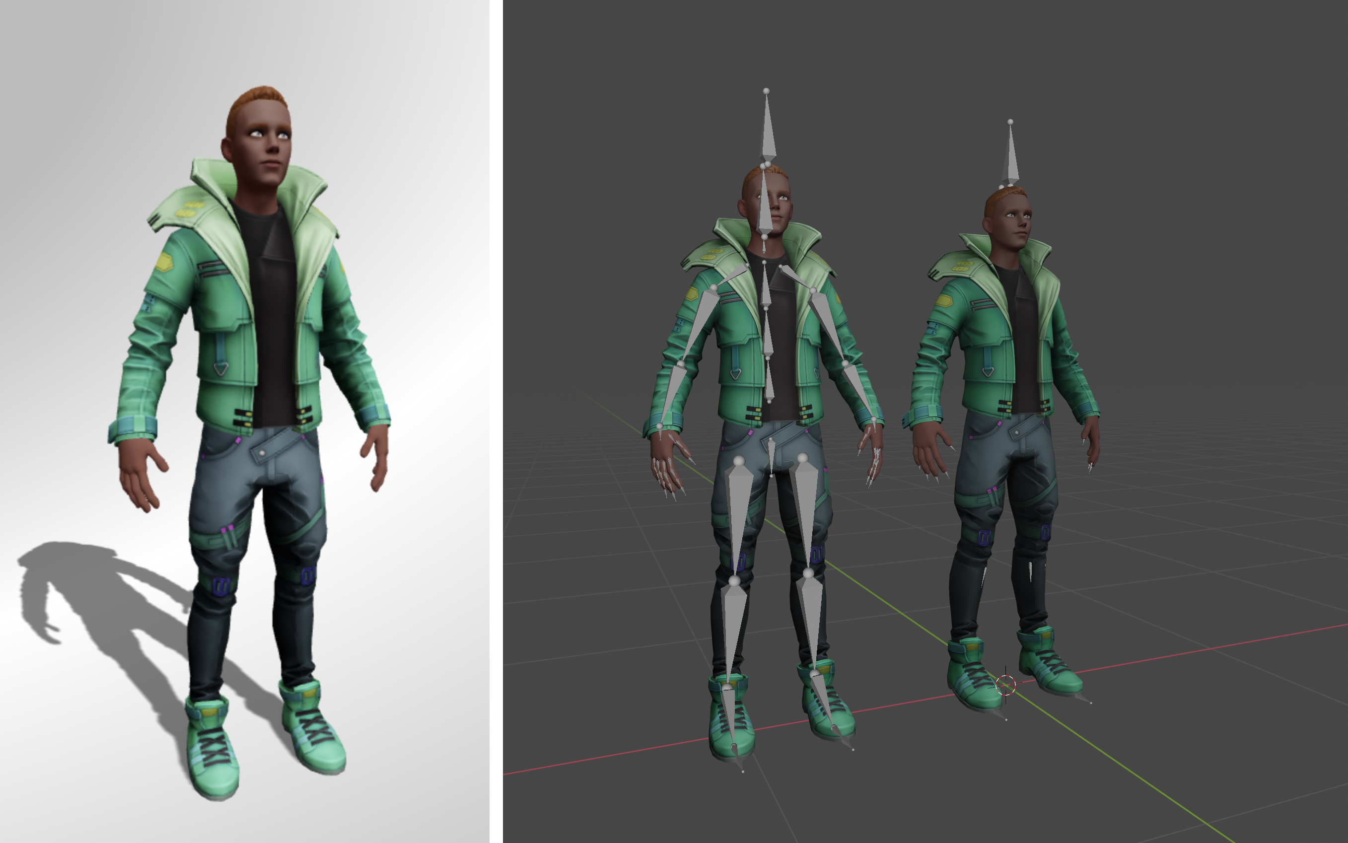 Ready Player Me full-body avatar shown in casual clothing beside front and side rig views