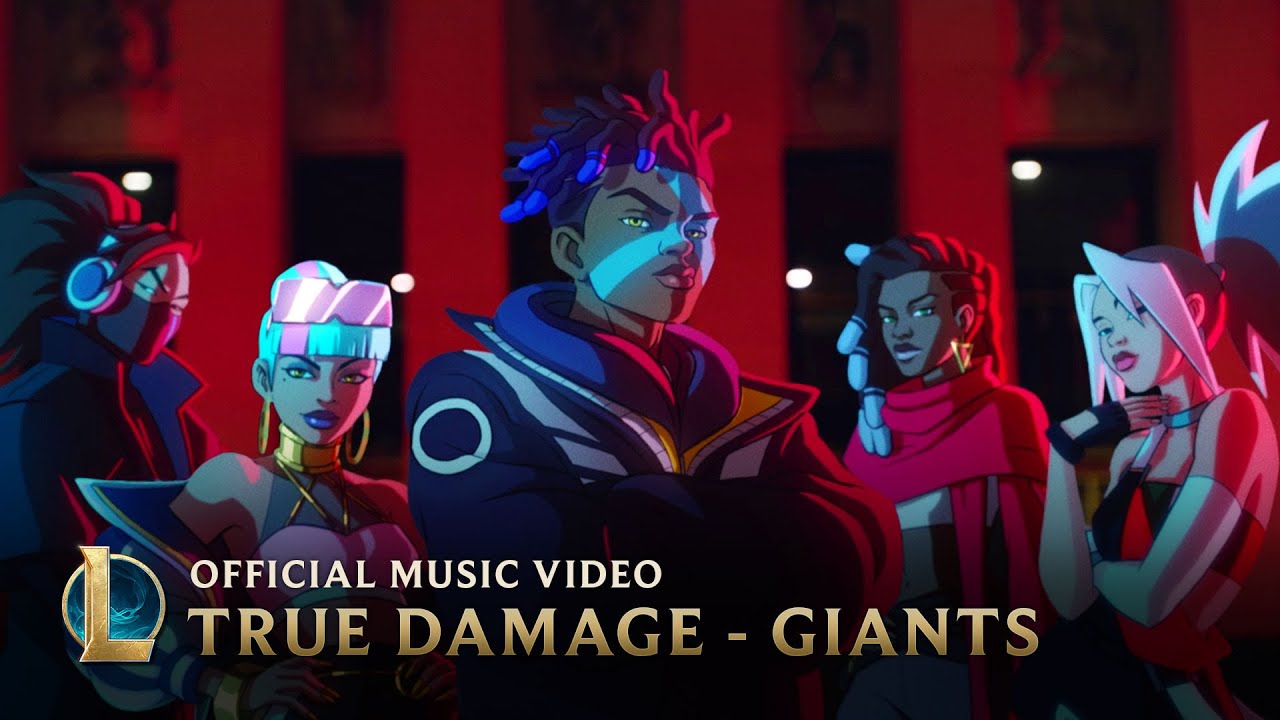 Five neon-lit animated members of True Damage in the GIANTS music video image