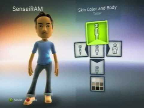 Xbox 360 avatar standing beside skin color and body customization controls