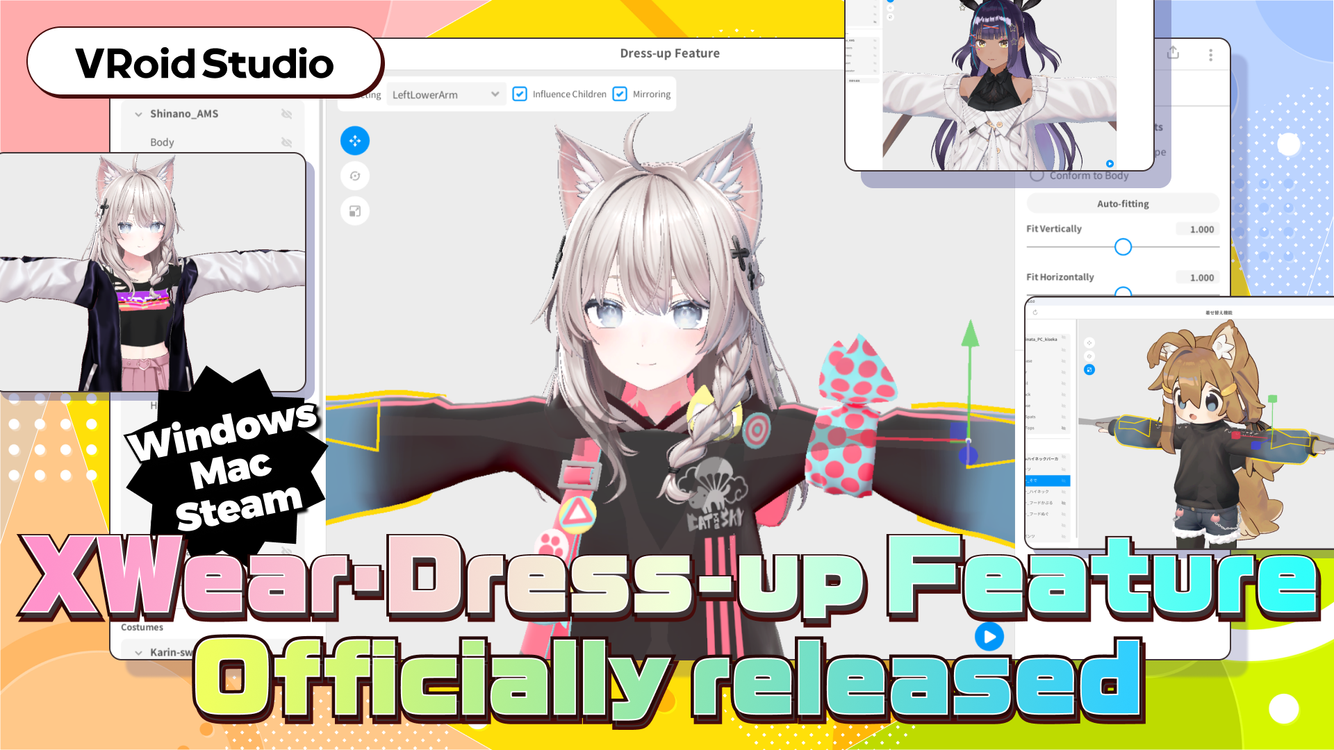 VRoid Studio XWear dress-up feature release graphic showing avatar clothing workflow