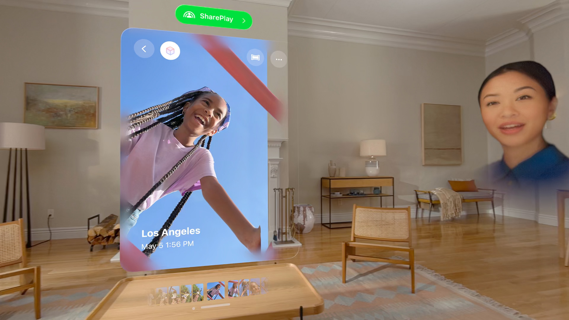 Apple Vision Pro SharePlay scene with a Spatial Persona beside a shared photo