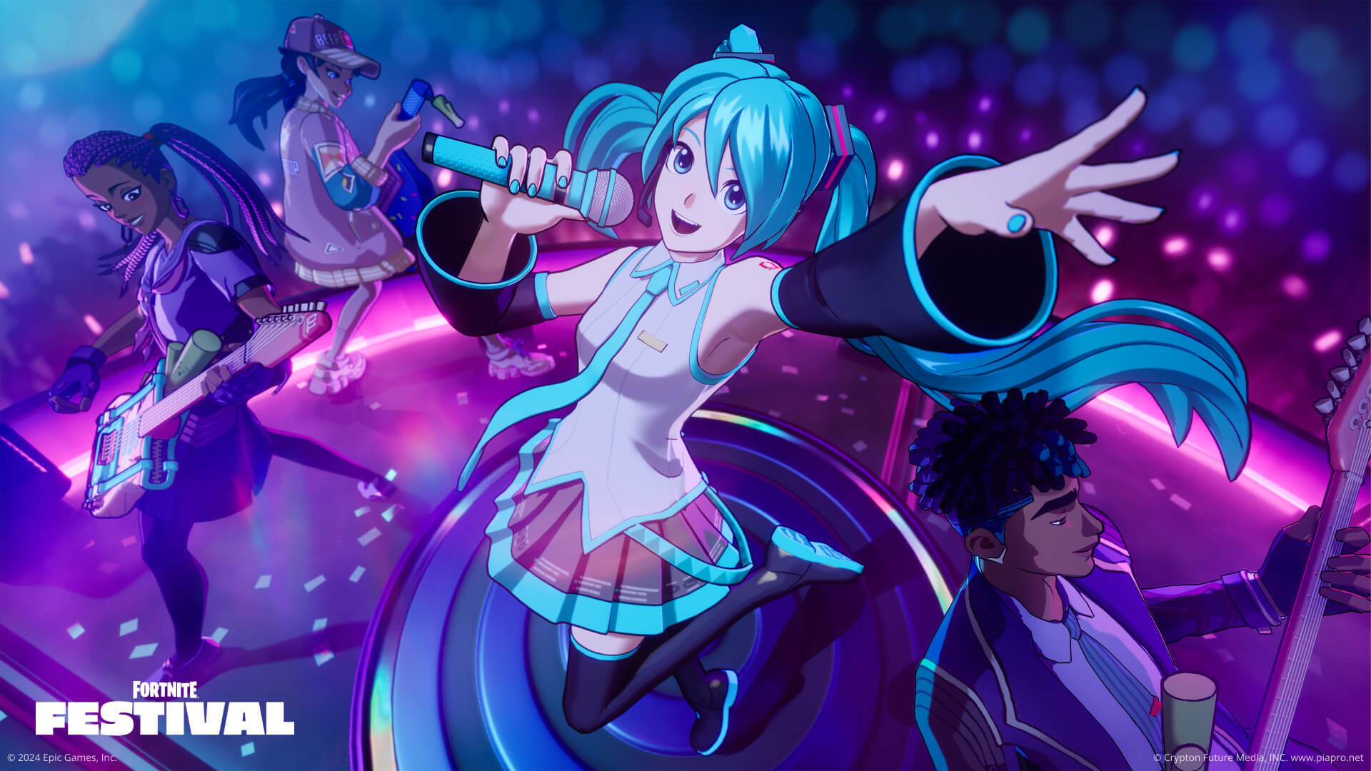 Hatsune Miku performing with Fortnite characters on a neon Festival stage