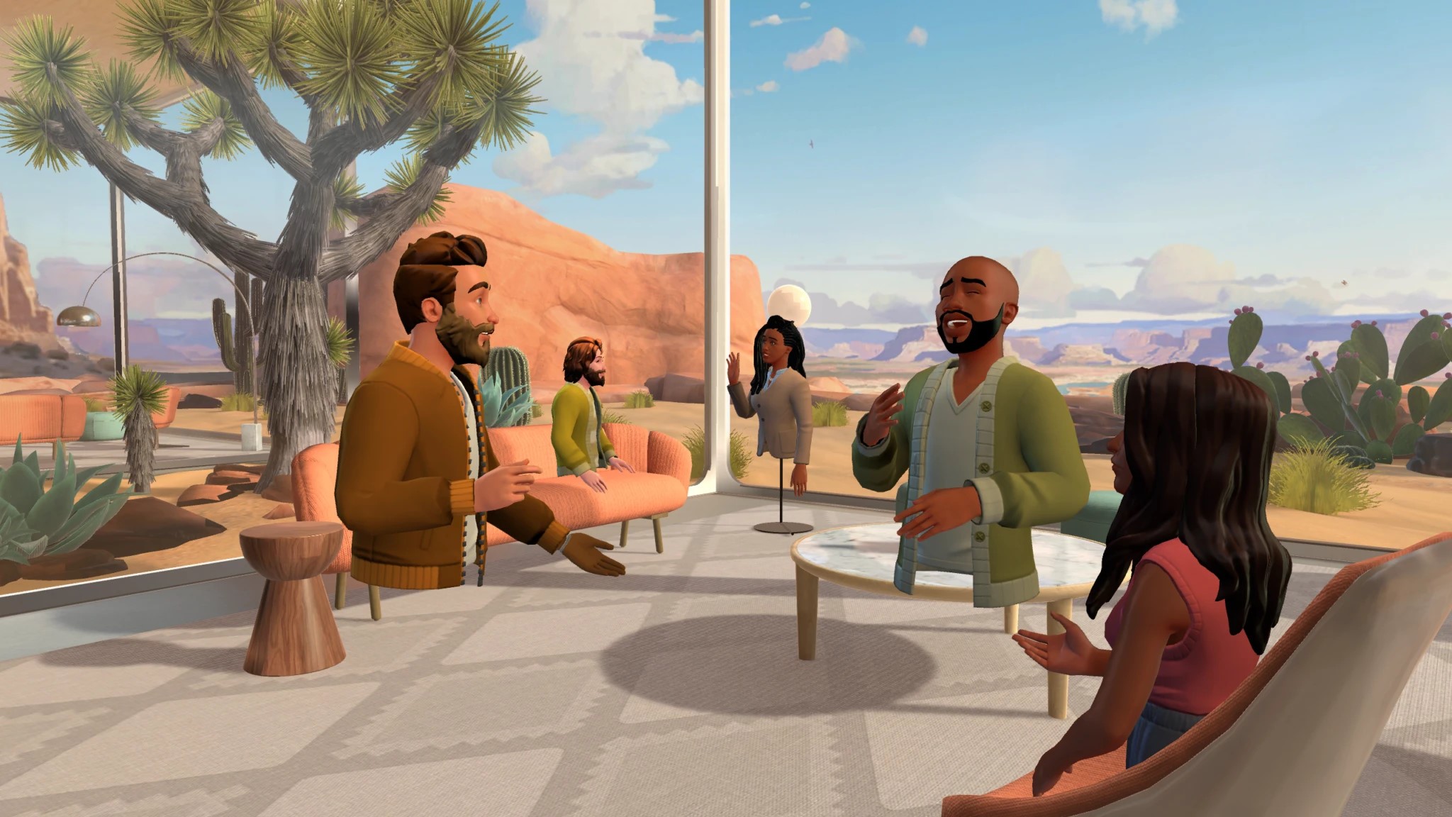Several Microsoft Mesh avatars talking in a bright virtual meeting courtyard
