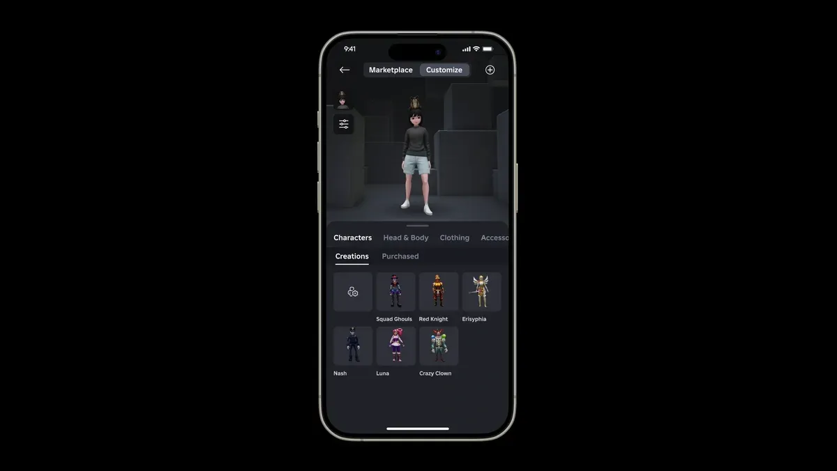 Phone screen displaying a Roblox avatar marketplace creator interface