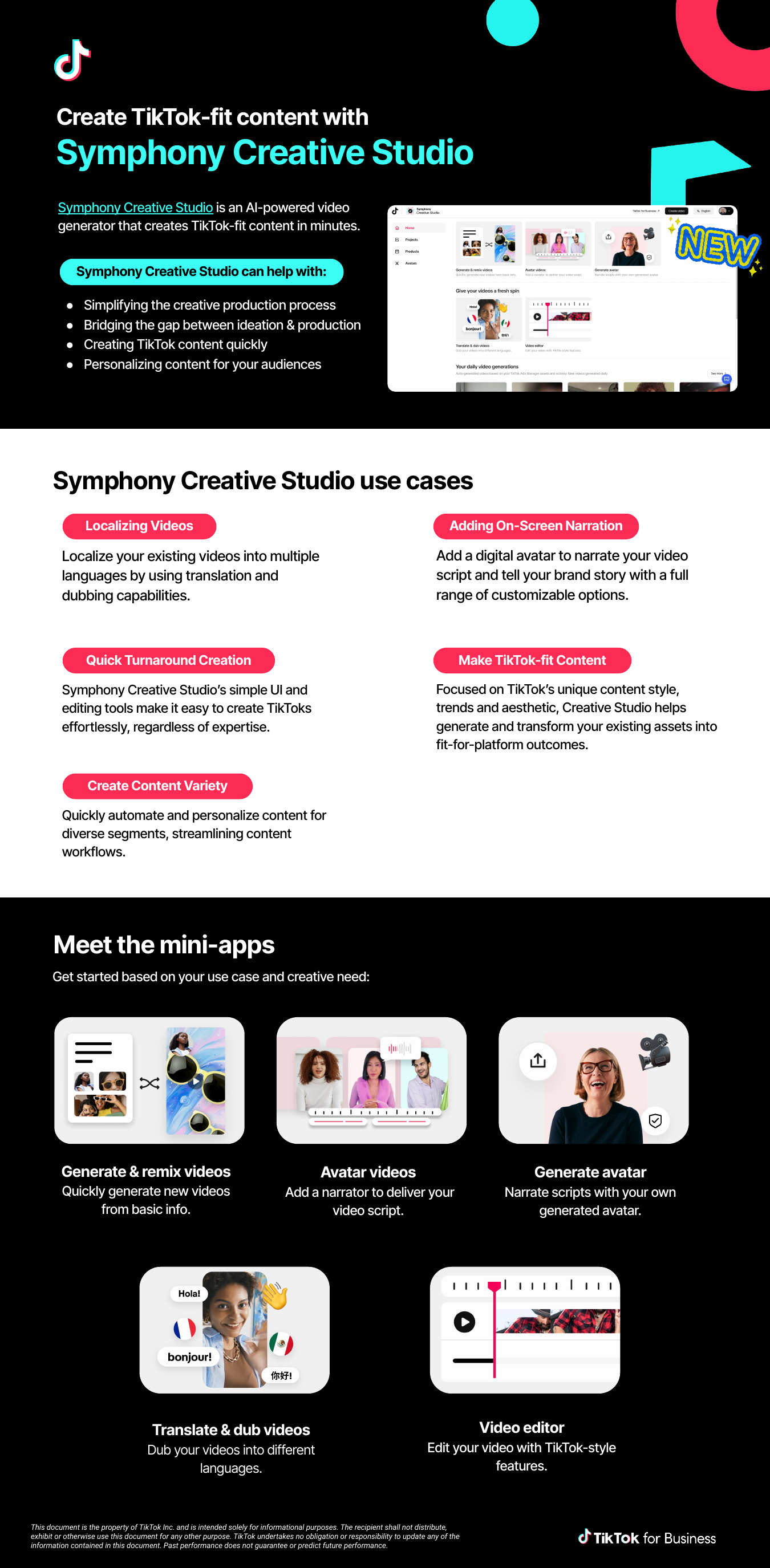 TikTok Symphony Creative Studio product sheet showing its video creation workflow