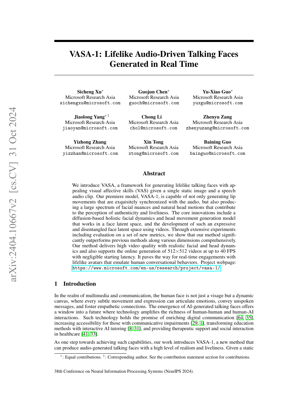 First page of the VASA-1 research paper with its title, authors and method diagram