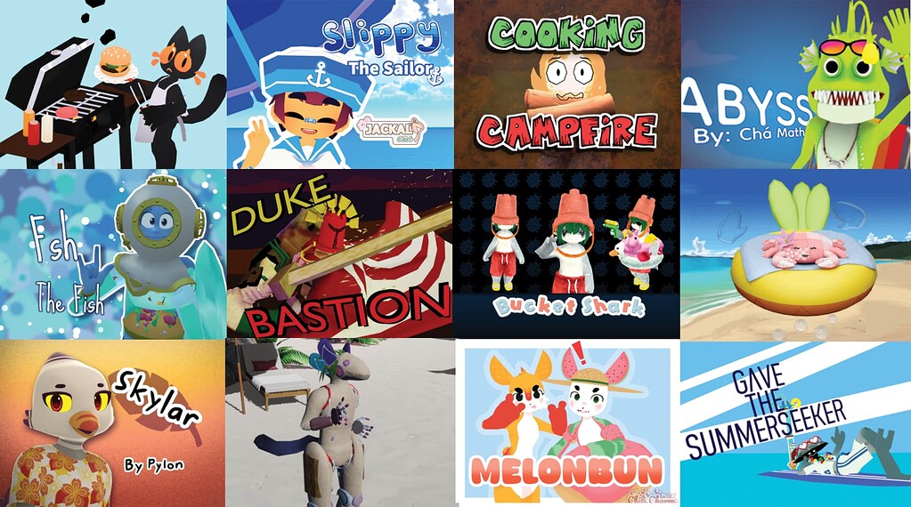 Grid of twelve illustrated VRChat Summer Festival Jam winning avatars