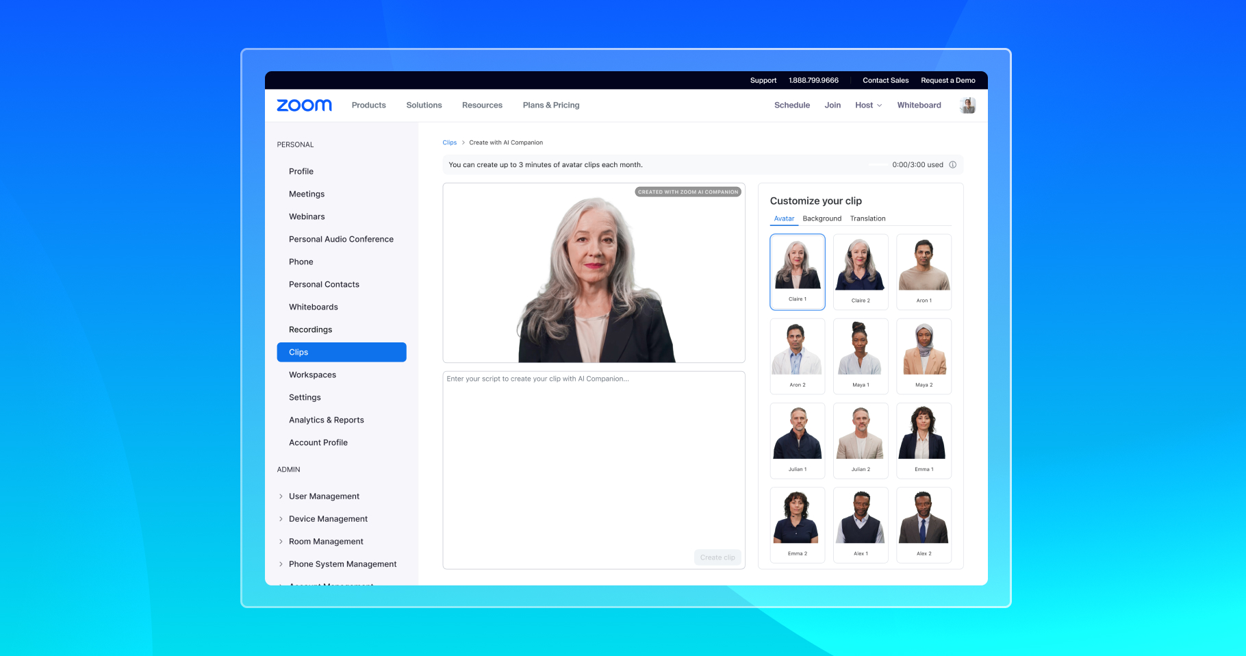 Zoom Clips interface showing a library of human AI avatars for a scripted video