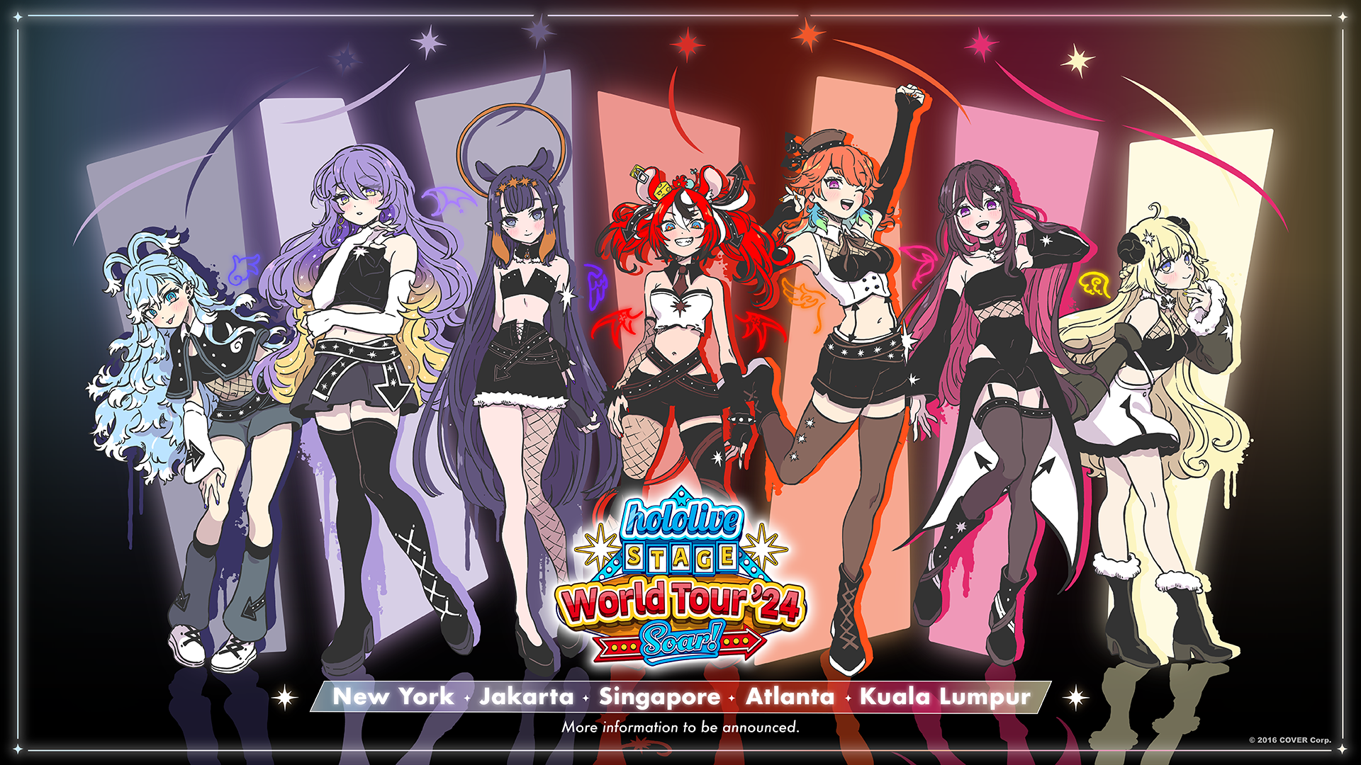 Seven hololive performers flying across the Soar world-tour key visual