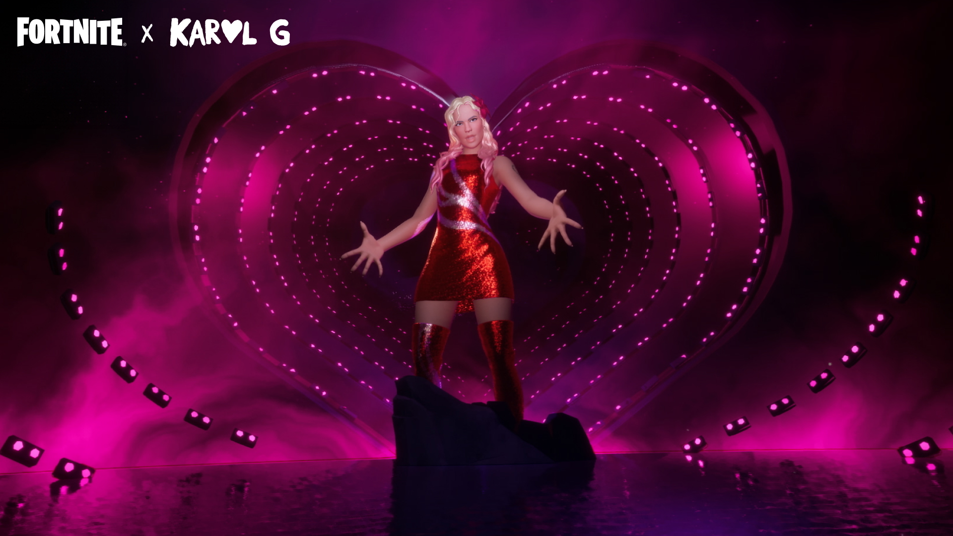 Karol G's represented performer towering over player avatars on a pink Fortnite stage