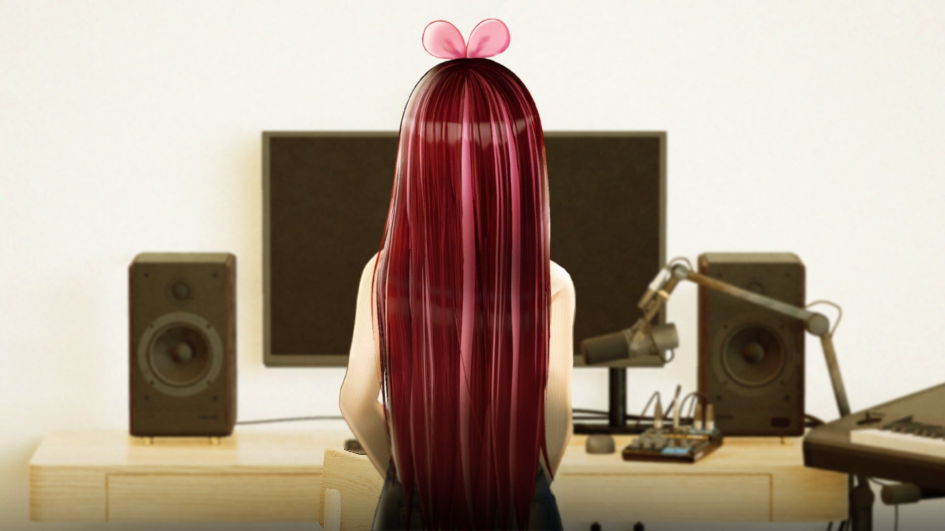 KizunaAI seen from behind in a quiet recording studio