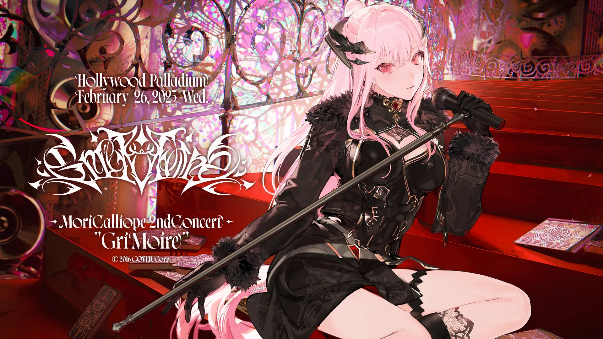 Mori Calliope seated amid books and red light in the Grimoire concert key visual