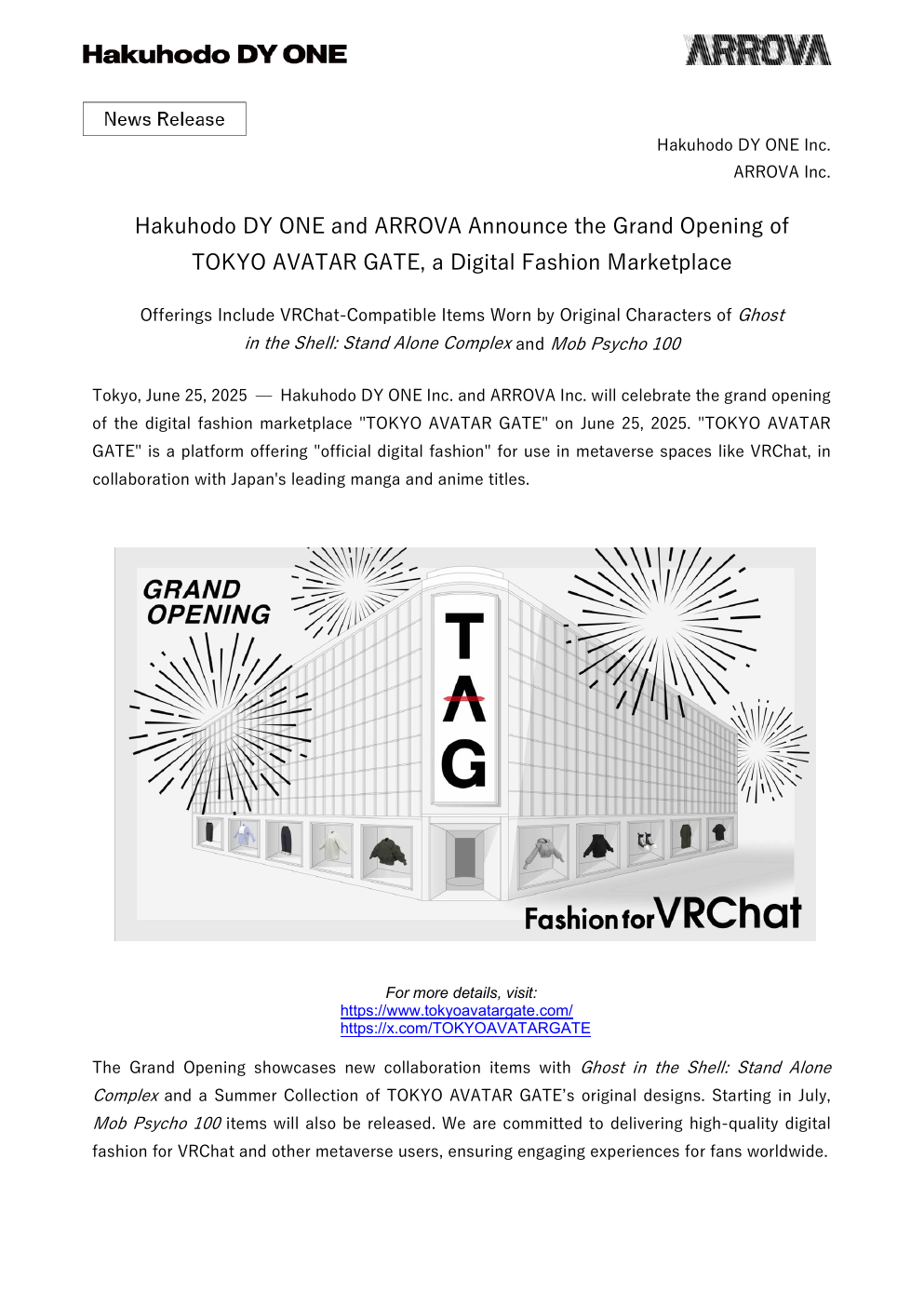 First page of the Tokyo Avatar Gate announcement with licensed avatar fashion