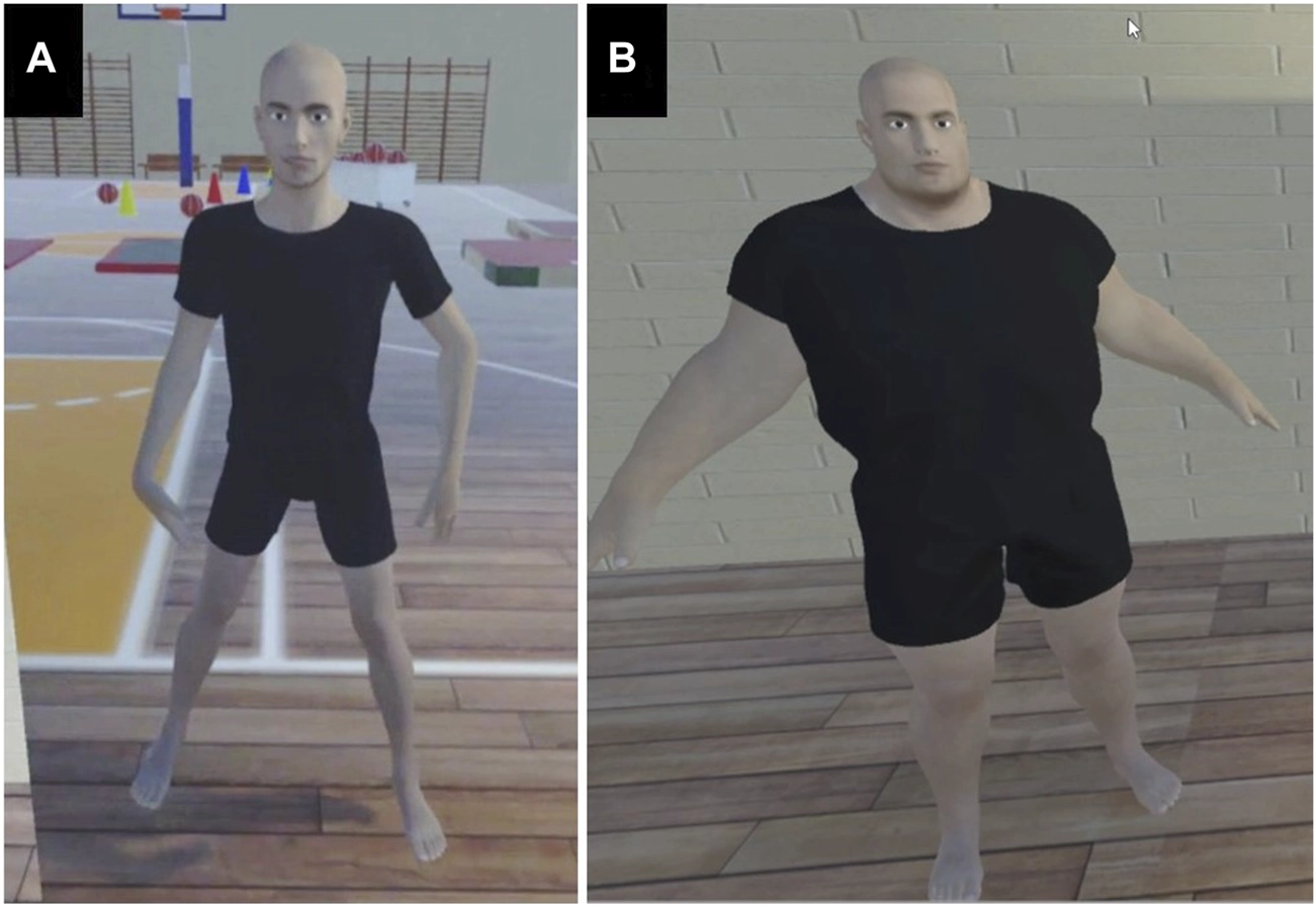 Two first-person mirror views showing the avatar body conditions used in the experiment
