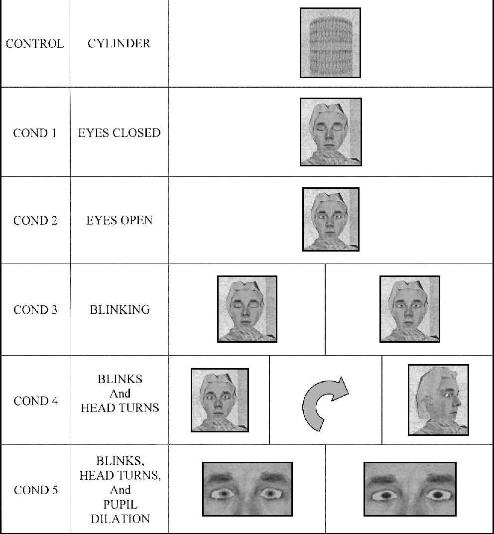Grayscale chart comparing a cylinder with virtual-face conditions involving eyes, blinking and head turns