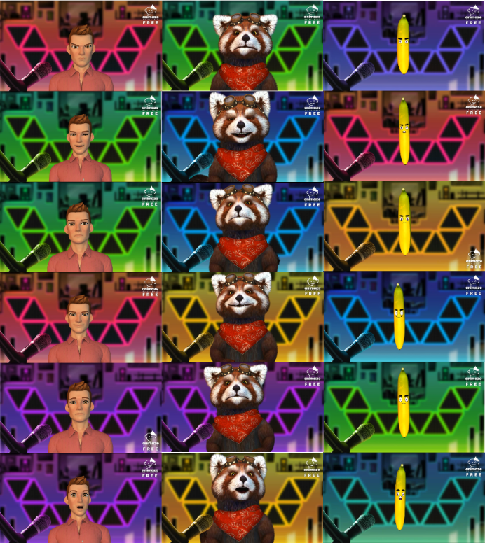Grid of human, raccoon and banana avatars displaying six different facial expressions