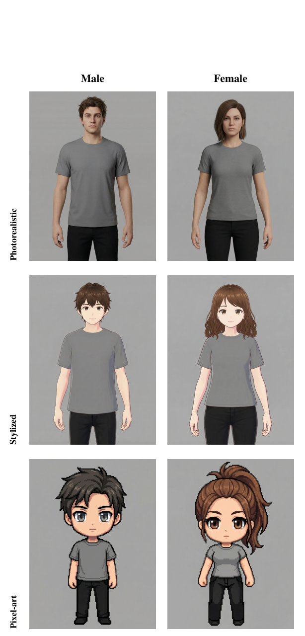 Six research avatar examples arranged by two gender presentations and three styles: photorealistic, stylized and pixel art