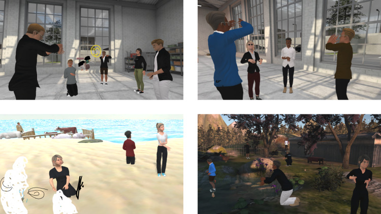 Four screenshots of groups of avatars meeting in indoor and outdoor virtual spaces