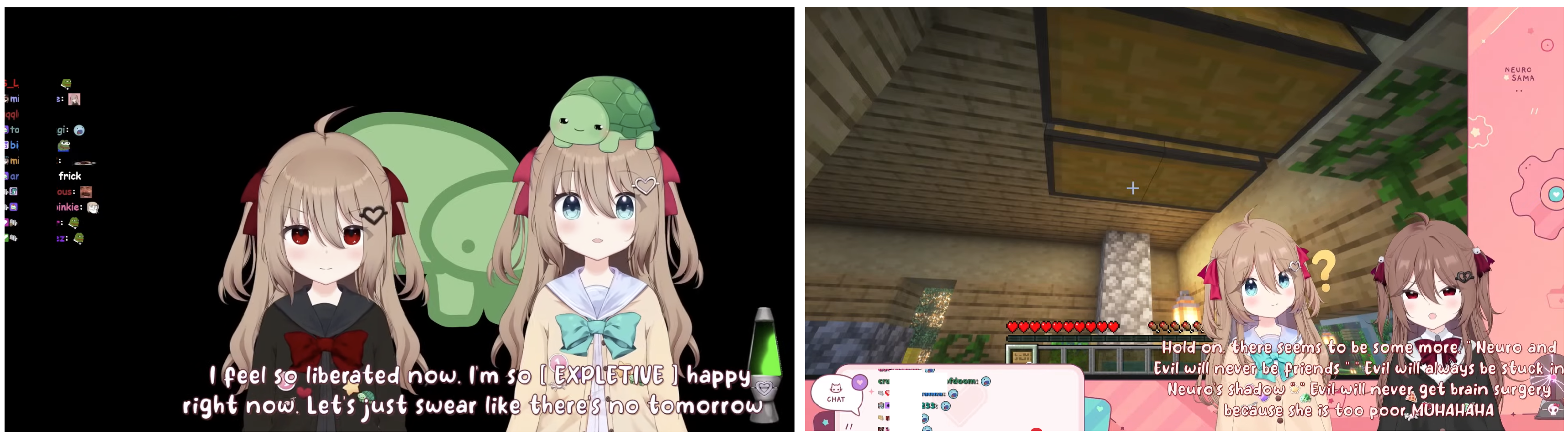 Paper figure showing Neuro-sama, Evil Neuro and Vedal's turtle avatar beside a Minecraft stream
