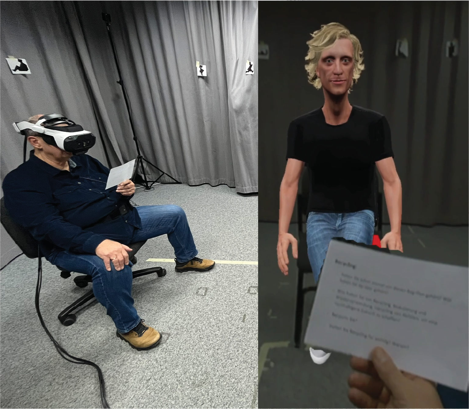 Research figure showing a seated headset wearer and the virtual person visible in the augmented-reality scene