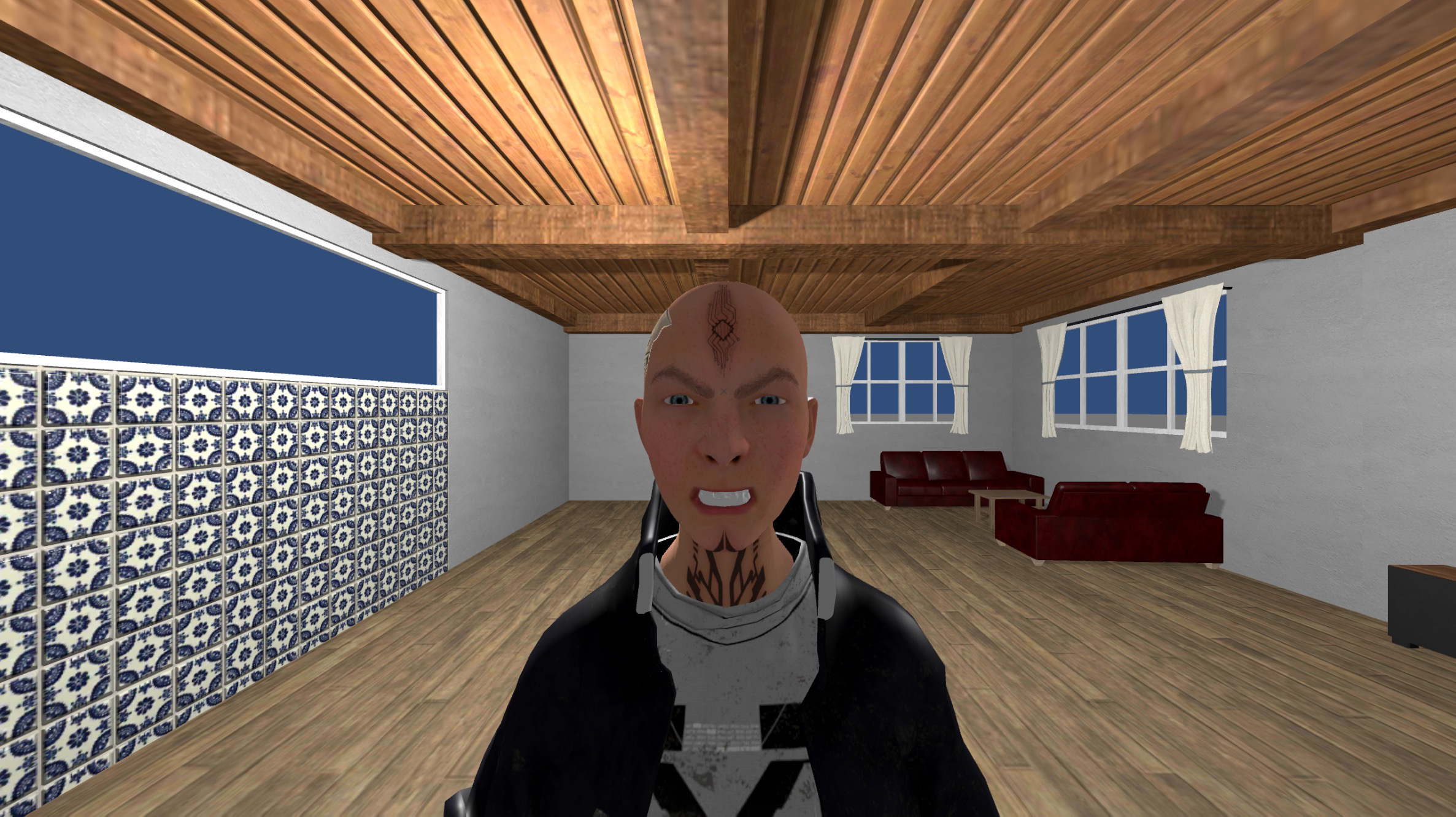 A humanlike virtual agent facing the viewer inside a wood-ceilinged virtual room
