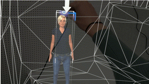 Research image showing a German Sign Language avatar inside a wireframe mixed-reality room