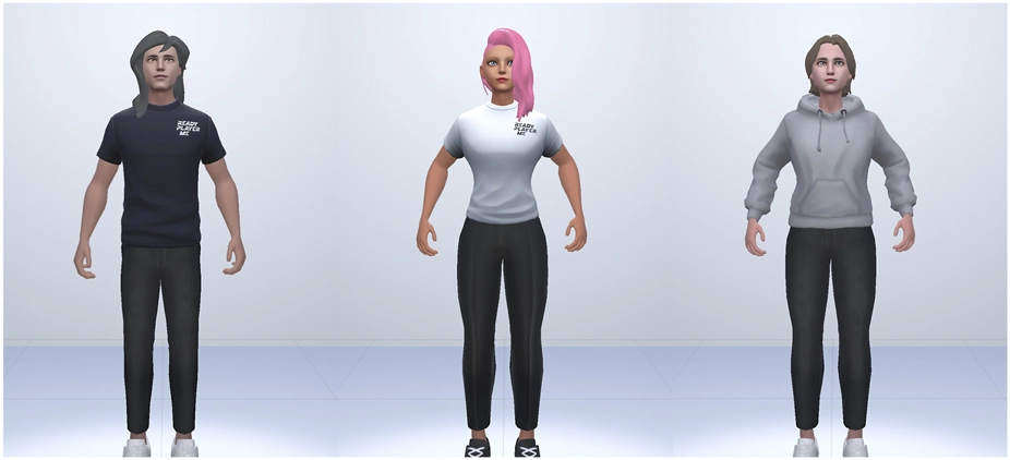 Three full-body avatars in different hair, shirts and trousers, standing side by side