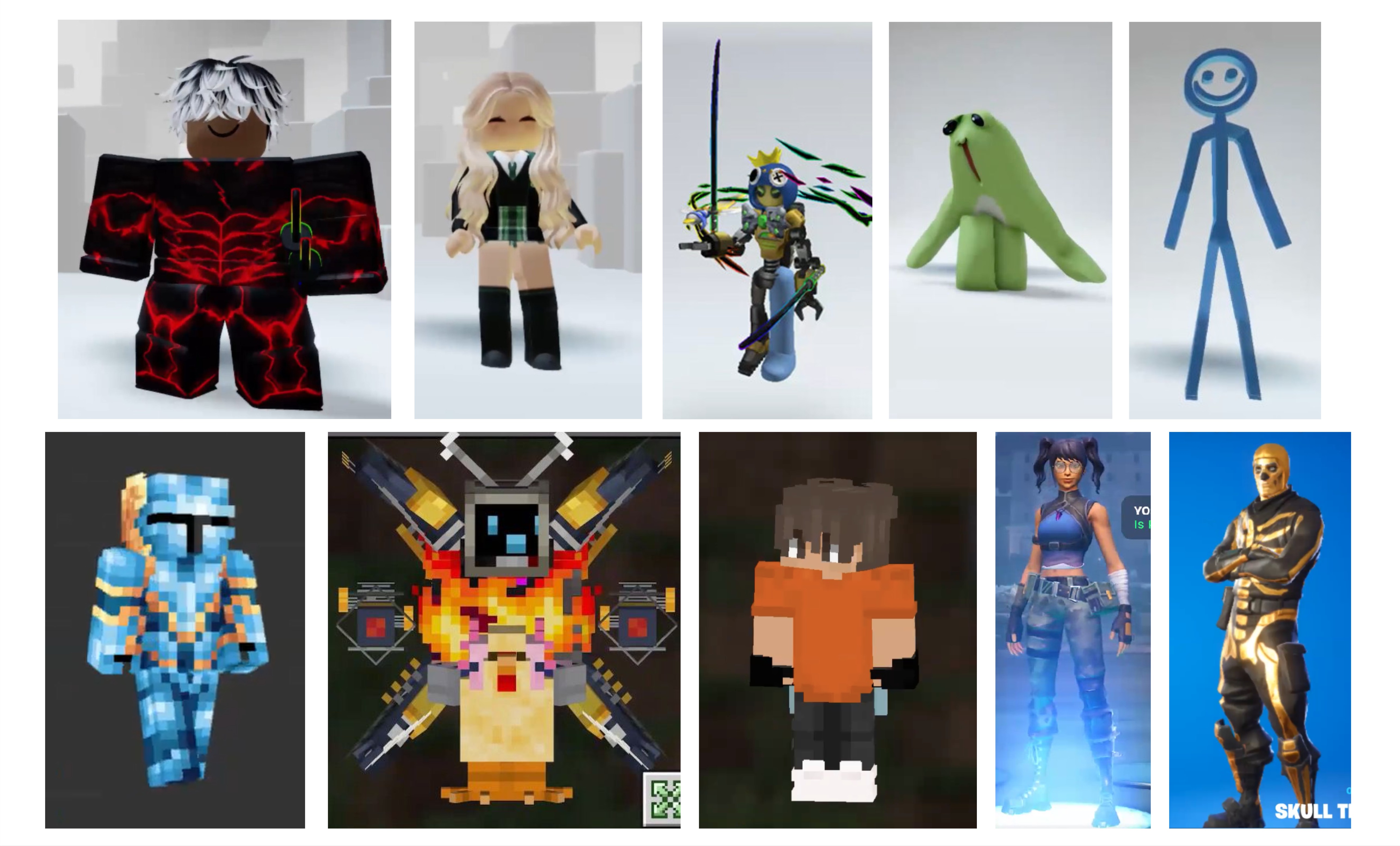 Board of varied blocky, illustrated and stylized avatars reproduced in the children’s avatar-making study