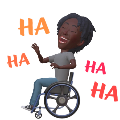 Avatar sticker of a smiling person in a wheelchair, gesturing while laughing