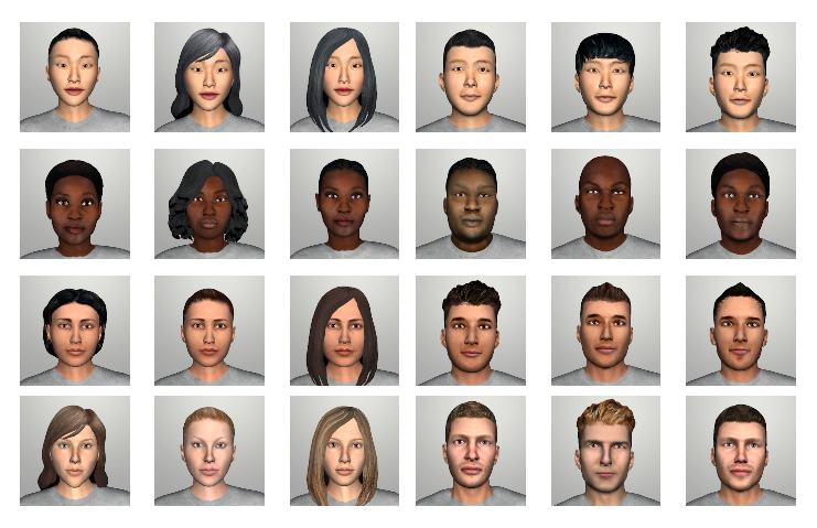 Grid of 24 digital avatar headshots used as experimental materials